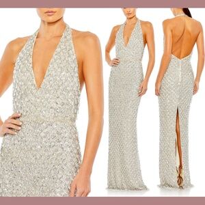 NWT‎ $1000 Mac Duggal [ 2 ] Sequined Crystal Fringe Halter Neck Gown Silver